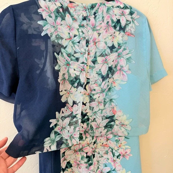 BCBGMaxazria Kirsty Blue Layered Floral Mini Dress | XS | Designer Cocktail Dres - Picture 6 of 7